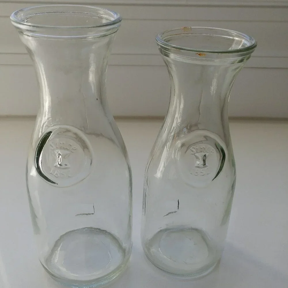 2 Vintage Paul Masson Since 1852 Glass Indented Bottle Wine Carafe Decanter Vase